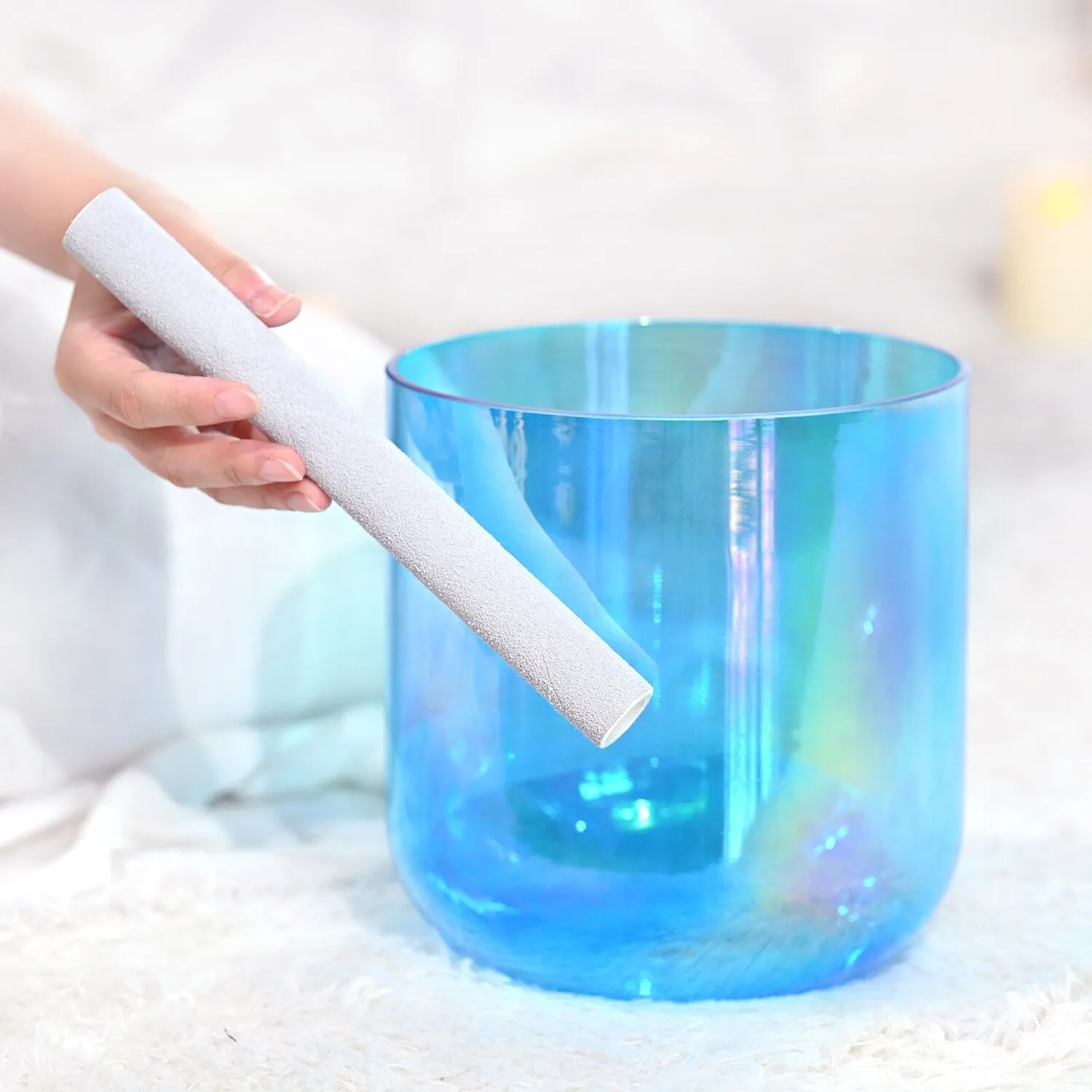 6 Inch Clear Quartz Crystal Singing Bowl Blue with Cosmic Light for Sound Healing