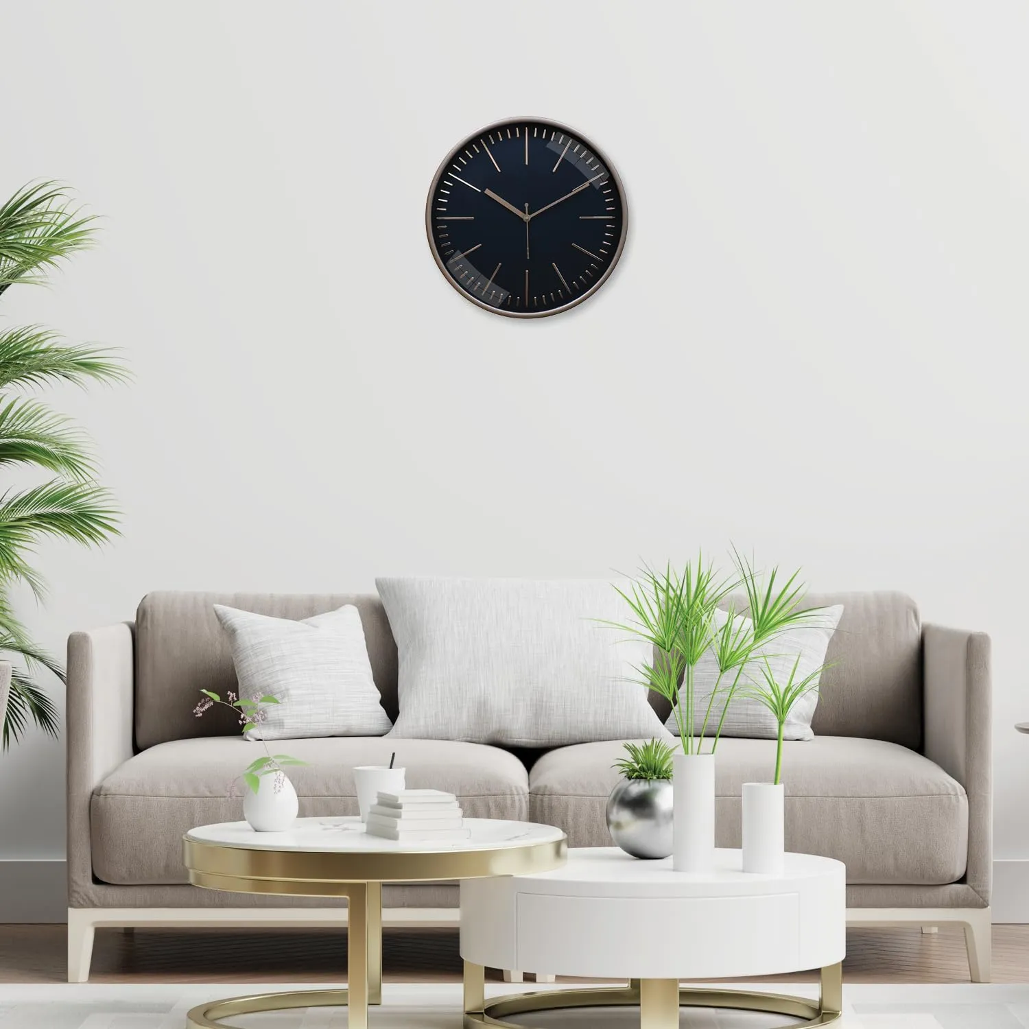 Amazon Brand - Solimo Embossed Metallic Wall Clock, Silent Sweep, Line Time Indicator (12 Inches, Copper and Black)