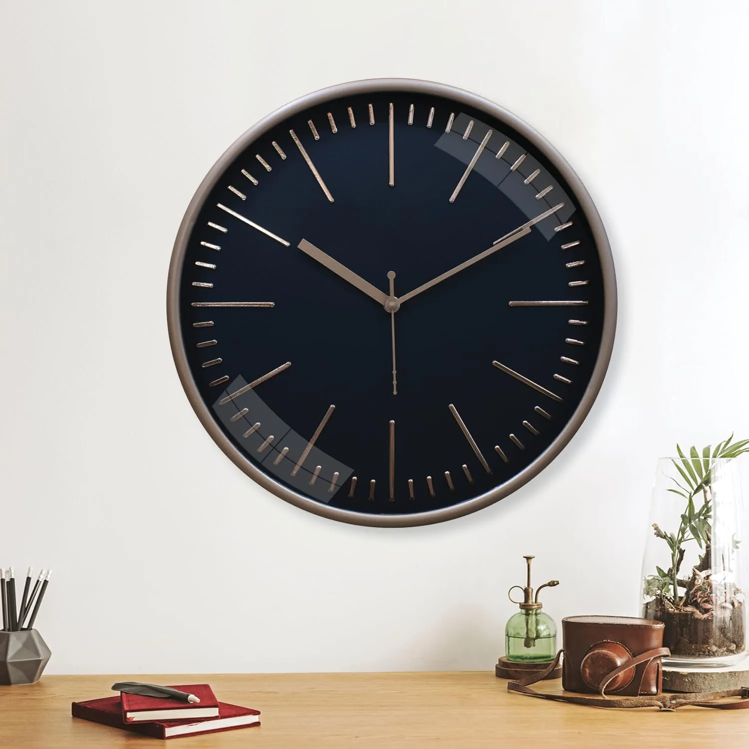 Amazon Brand - Solimo Embossed Metallic Wall Clock, Silent Sweep, Line Time Indicator (12 Inches, Copper and Black)