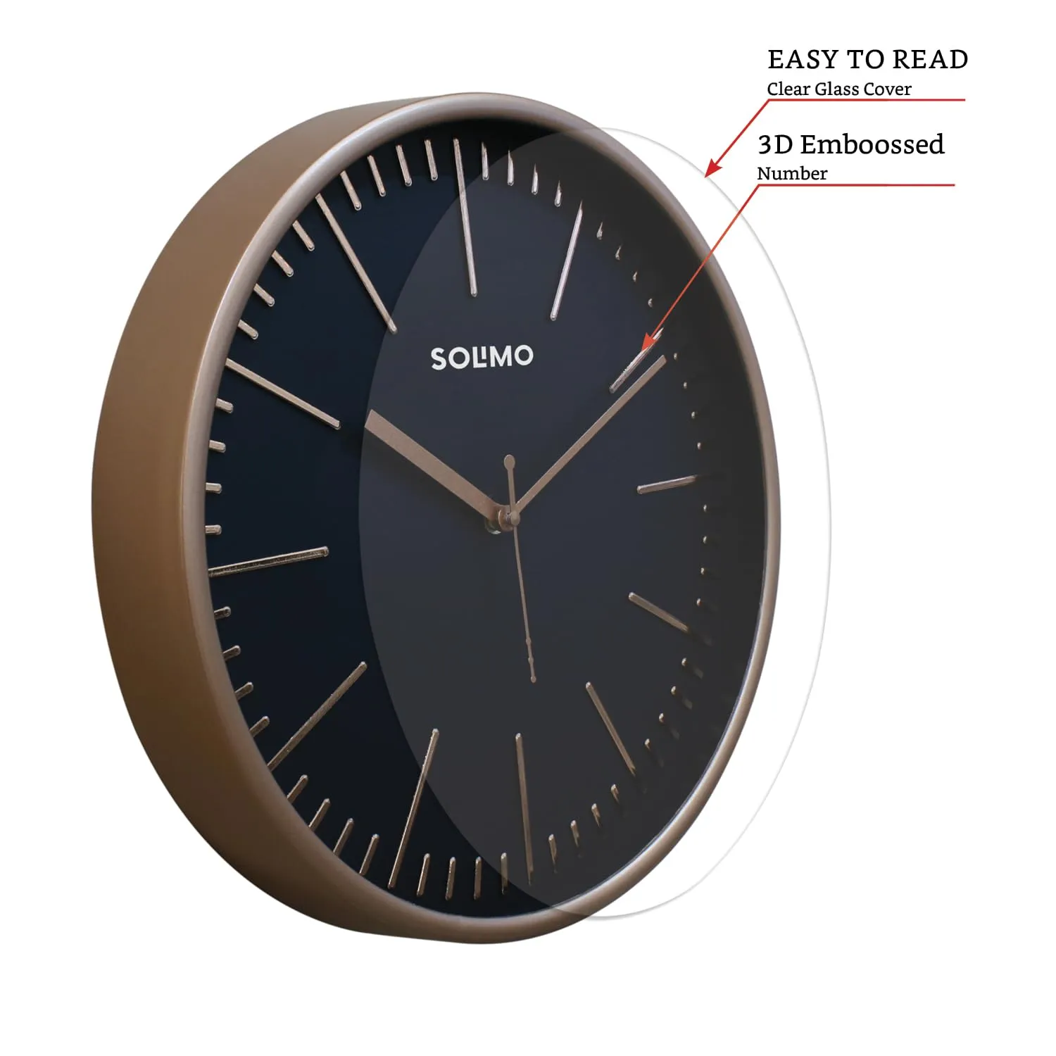 Amazon Brand - Solimo Embossed Metallic Wall Clock, Silent Sweep, Line Time Indicator (12 Inches, Copper and Black)