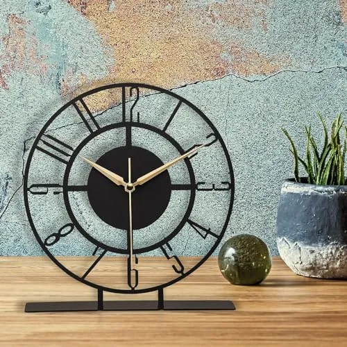 Cartvilla Battery Operated Desk Clock Modern Metal Desk Clock Reloj de Escritorio para Oficina Pequeña y Tranquila Junto a La Cama Desk Metal Clock (Black) (Bunella)
