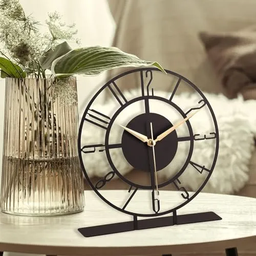 Cartvilla Battery Operated Desk Clock Modern Metal Desk Clock Reloj de Escritorio para Oficina Pequeña y Tranquila Junto a La Cama Desk Metal Clock (Black) (Bunella)