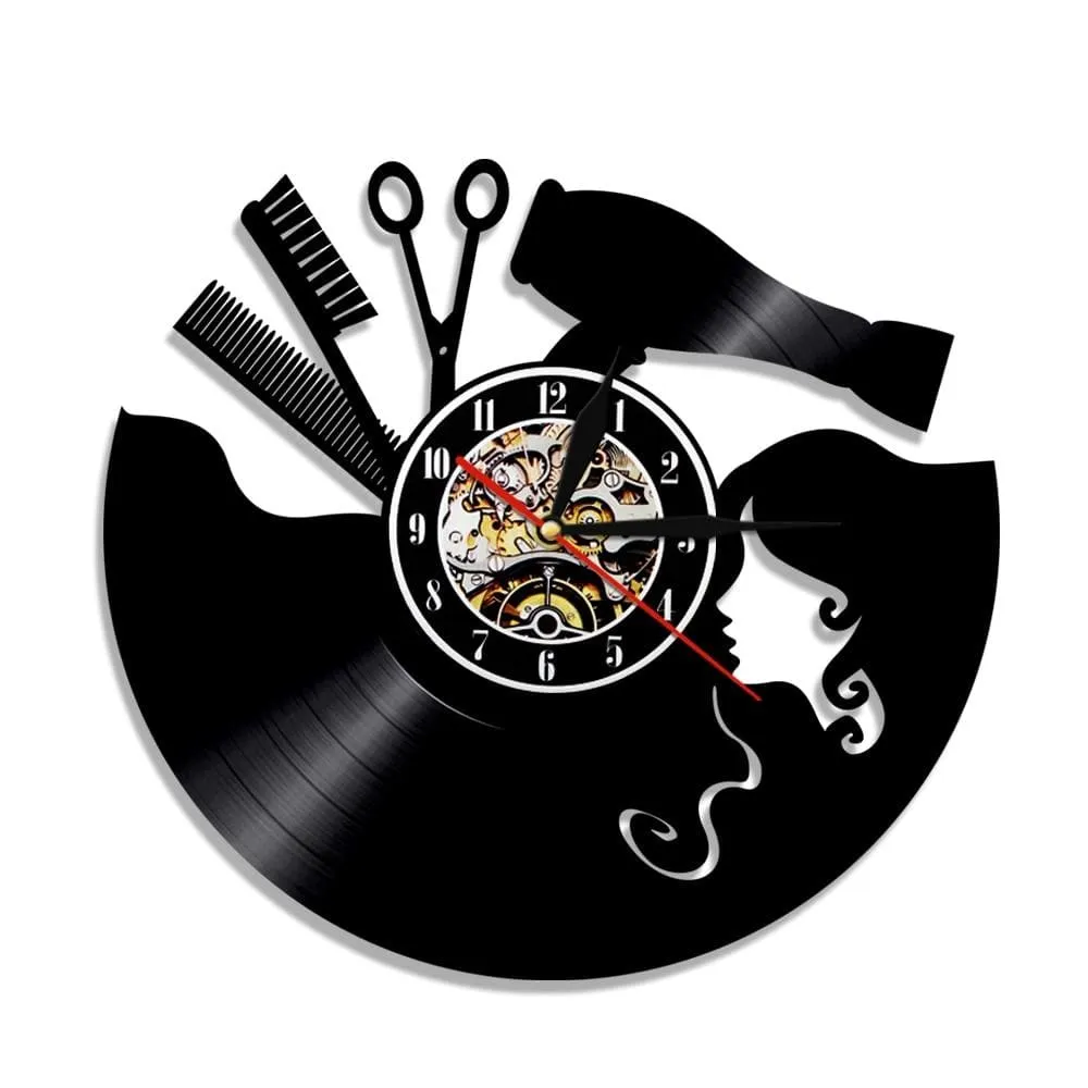 Comb Scissors Hair Dryer Beauty Salon Led Vinyl Record Wall Clock Hairdresser
