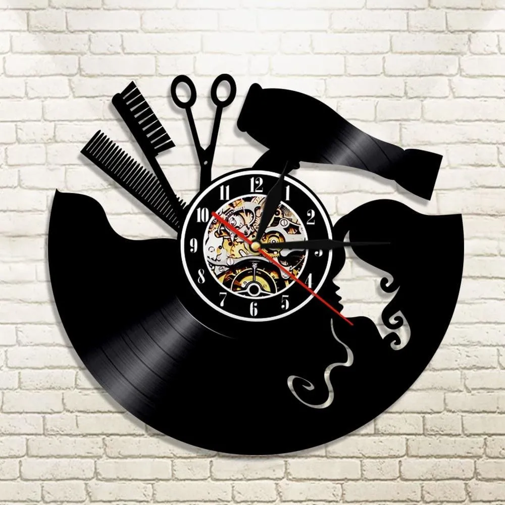 Comb Scissors Hair Dryer Beauty Salon Led Vinyl Record Wall Clock Hairdresser