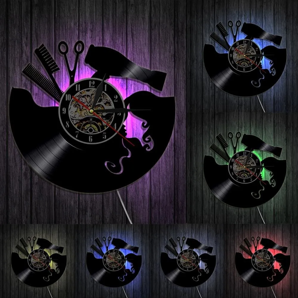 Comb Scissors Hair Dryer Beauty Salon Led Vinyl Record Wall Clock Hairdresser