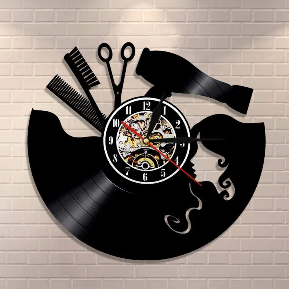Comb Scissors Hair Dryer Beauty Salon Led Vinyl Record Wall Clock Hairdresser