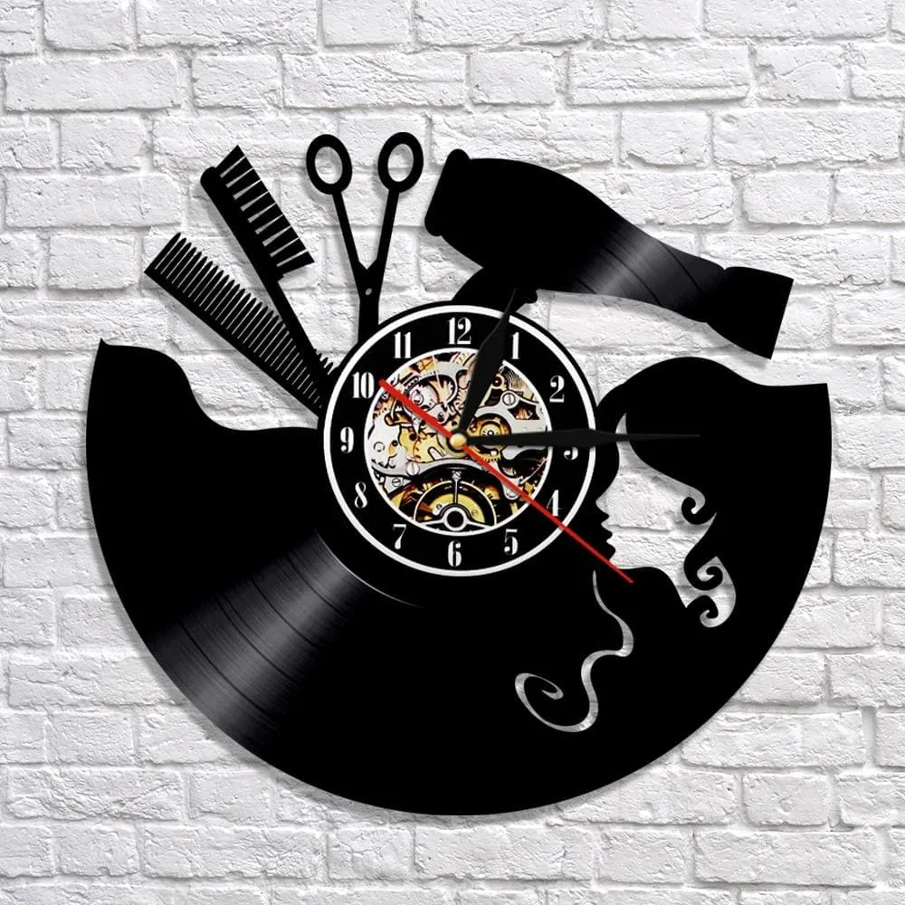 Comb Scissors Hair Dryer Beauty Salon Led Vinyl Record Wall Clock Hairdresser