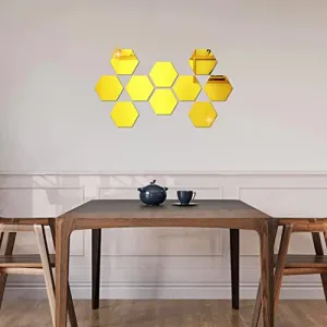 DecorWear 10 Hexagon Mirror Gold Plastic Wall Stickers for Wall Size (10.5x12.1) Cm Acrylic Mirror Wall Decor Sticker, Wall Mirror Stickers, Unframed Hexagonal Mirror Wall Sticker (J-10HexaGold)