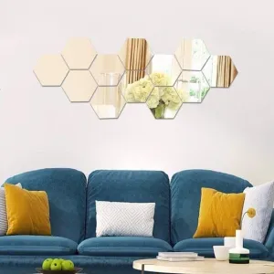 DecorWear 12 Hexagon Mirror Silver Plastic Wall Stickers for Wall Size (10.5x12.1) Cm Acrylic Mirror Wall Decor Sticker, Wall Mirror Stickers, 3D Hexagonal Mirror Wall Sticker (H-12HexaSilver)