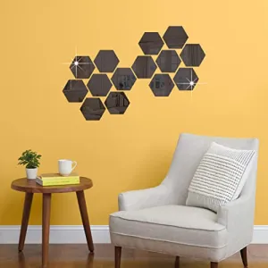 DecorWear 14 Hexagon Mirror Wall Stickers Black Mirror Stickers for Wall Stickers for Wall Size (10.5x12.1) Cm Acrylic Mirror Wall Decor Sticker, 3D Wall Mirror Stickers, Unframed Hexagonal Stickers