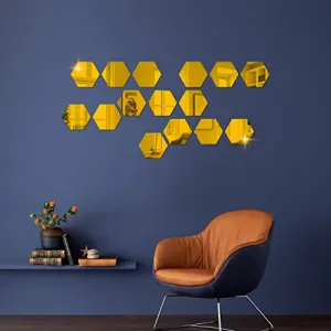 DecorWear 15 Hexagon Mirror Gold Plastic Wall Stickers for Wall Size (10.5x12.1) Cm Acrylic Mirror Wall Decor Sticker, Wall Mirror Stickers, Unframed Hexagonal Mirror Wall Sticker (A-15HexaGold)