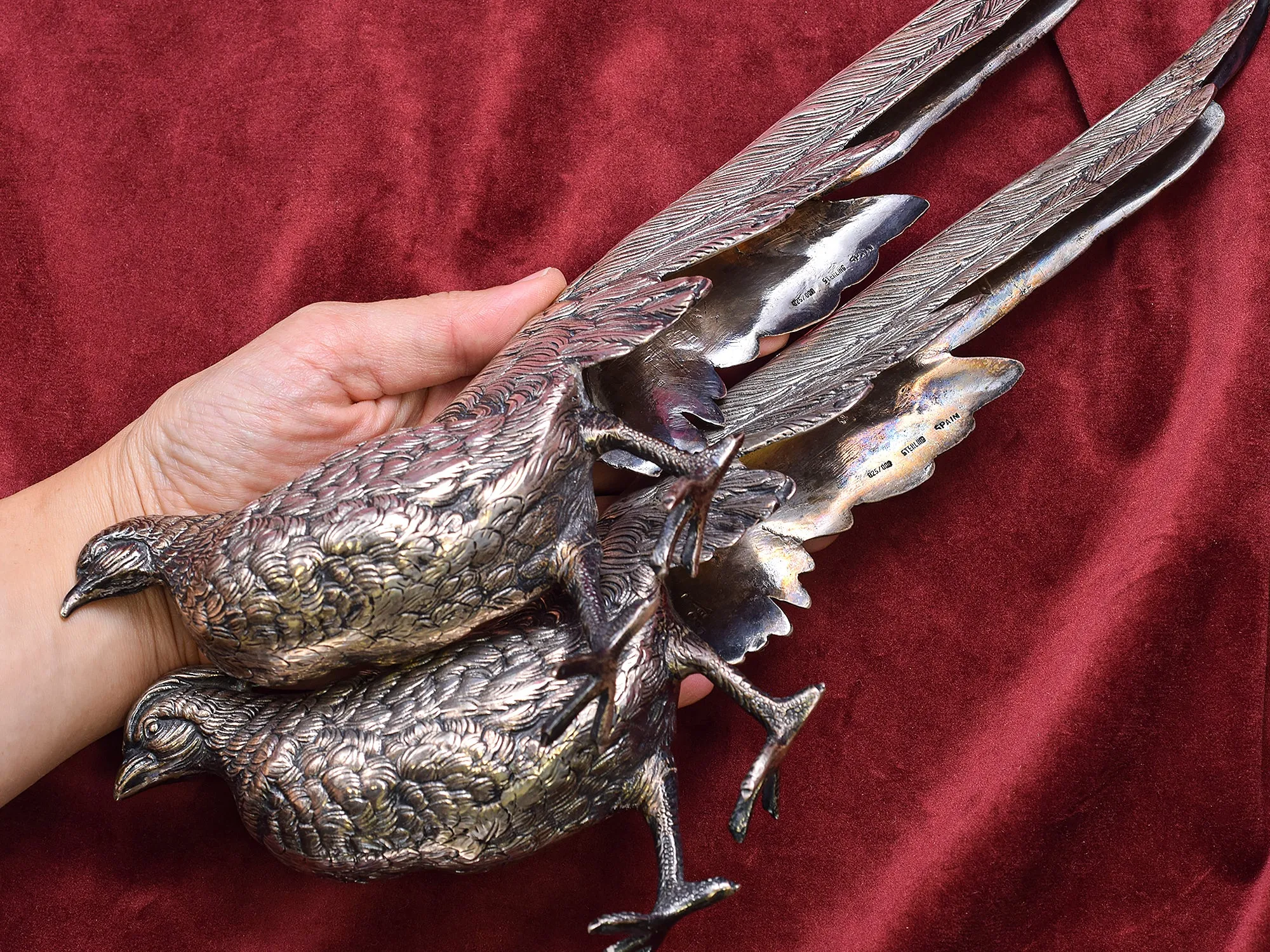 IF & SON Pair of Vintage Spanish Sterling Silver Pheasant Bird Large Figurines
