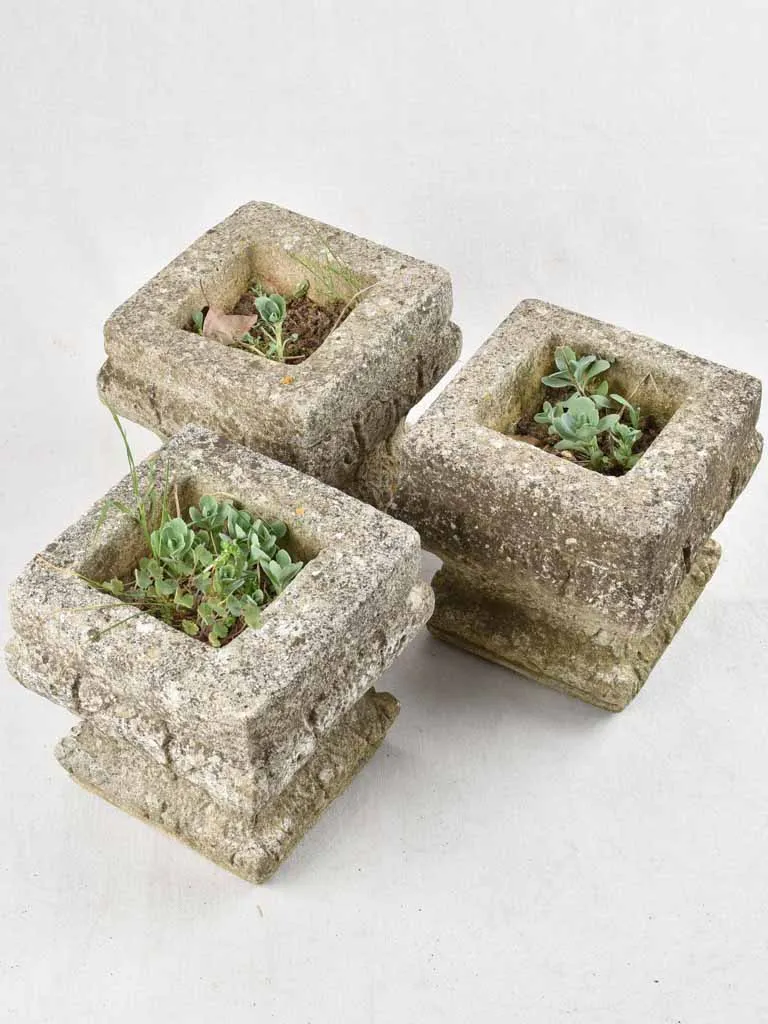 Three square antique stone planters 11"