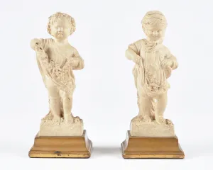 Vintage Pair Of Italian Borghese Plaster Chalkware On Gilt Wood-Decorative Ornamental Home Decor Sculptural Figurines